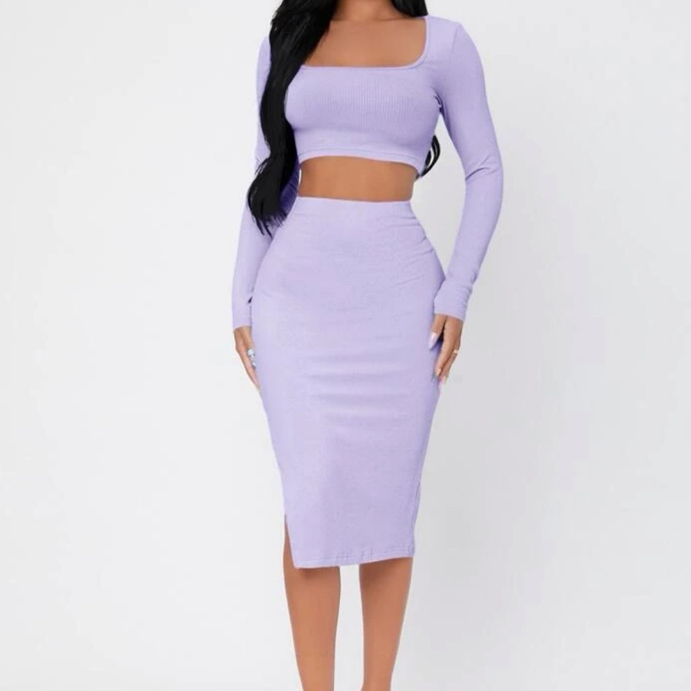 Knit crop top & High waisted split thigh skirt ( lavender ) S * 2 PIECE SET *